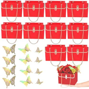Imagem de JHXTZ Pacote com 10 sacos de presente de flores com 12 peças de decoração de borboleta 3D Gold Dazzle, caixa de mão floral portátil com corrente de metal, porta-floristas para presentes de aniversário