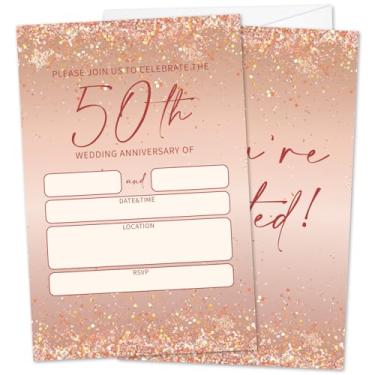 Imagem de Zwsrplo Convites de aniversário de 50 anos de casamento com envelopes, convites de ouro rosa de casamento de 50 anos, convites de aniversário de 50 anos de preenchimento de estilo para Sr. e Sra