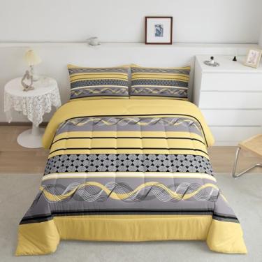 Imagem de Feelyou Edredom Listrado Amarelo Tamanho Solteiro Para Meninos E Meninas, Conjunto Cinza Patchwork, Roupa De Cama Geométrica Boho, Decoração Quarto Infantil, Microfibra