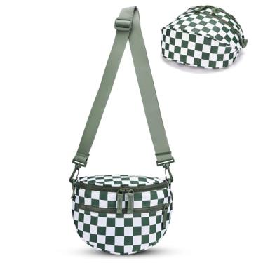 Imagem de FODOKO Bolsa tiracolo quadriculada preta e branca para mulheres, pochete quadriculada, carteiras, pequena bolsa de cinto despojada, Verde ervilha, Bolsa transversal quadriculada