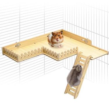 Imagem de Fhiny Plataforma de madeira para gaiola, plataforma de escalada de gerbil suspensa com escada e cerca – acessórios de gaiola para hamster anão, gerbil, rato, rato, rato