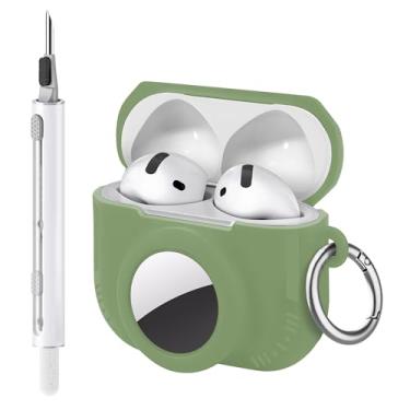 Imagem de Seltureone Compatível com AirPods 4 e AirTag 2 em 1, capa protetora de silicone macio compatível com AirPods 4ª geração com kit de limpeza e mosquetão - verde Matcha