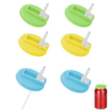 Imagem de 6 Tampas Lata Refrigerante, Tampas Silicone Reutilizáveis para Latas de Refrigerante com Palhinhas de Silicone para Bebidas Enlatadas Padrão Sumos e Cerveja (Amarelo, Azul, Verde)