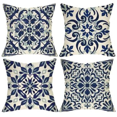 Imagem de Fjfz Capas de almofada decorativas de flores marroquinas vintage 50 x 50 conjunto de 4, chinoiserie azul e branco porcelana floral varanda exterior decoração de casa, arte estética marroquina sofá