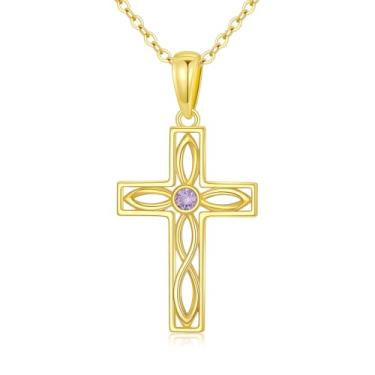 Imagem de UXQ Colar de ouro maciço 14K para mulheres, cruz, infinito, coração, rosa, girassol, nó celta, colar com pingente de cruz, joias religiosas cristãs, presentes para sua mãe, avó, Natal, aniversário