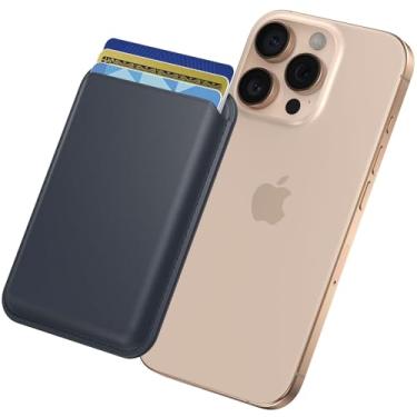 Imagem de Vanjua Carteira magnética para iPhone 16/15/14/13/12 Pro/Max/Plus/Mini, carteira de telefone de couro, porta-cartões RFID com ímã Mag-Safe, Azul-escuro, Minimalista