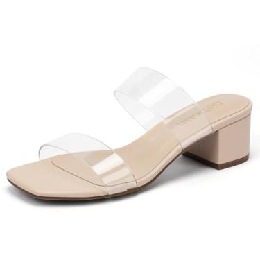 Imagem de DOBOLIN Sandálias femininas de salto com duas alças quadradas, bico aberto, sandálias grossas de 5 cm, sapatos sociais, adequados para pés largos, Transparente., 8 Wide