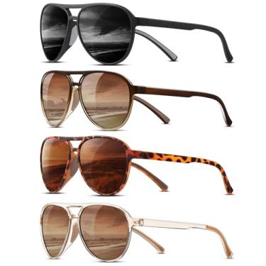 Imagem de KUGUAOK Óculos de sol aviador polarizados para mulheres e homens, estilo esportivo, proteção UV400, óculos de sol para corrida, vintage, óculos de sol modernos, 4 peças pretas + moldura de chá