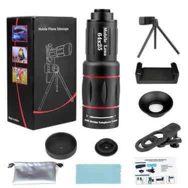 Imagem de Lente teleobjetiva 64x para celular, telescópio monocular HD com suporte de tripé ajustável e braçadeira, lente zoom FMC para fotografia de longa distância, vlogging, observação de pássaros