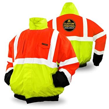 Imagem de Jaquetas bomber de segurança KwikSafety 360° de alta visibilidade com refletividade ANSI em conformidade com o uso de segurança aprovado pela OSHA | Jaquetas de segurança premium para todas as estações com forro térmico, SOLID POCKET + 3 COLOR, X-Large