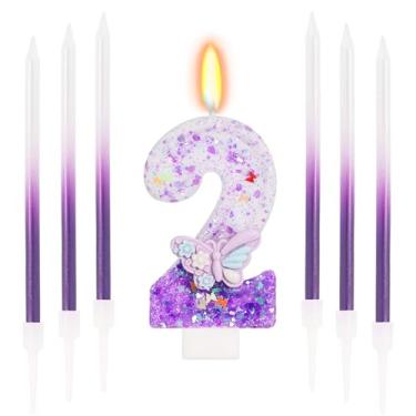 Imagem de ElekFX Borboleta roxa número 2 vela com bastão de cera, decorações de 2º aniversário para meninas, topo de bolo com glitter com lantejoulas para artigos de festa e lembrancinhas