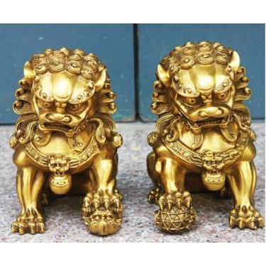 Imagem de Estátua De Leão Guardião Do Mal Fu Foo Dog Bronze Amarelo Chinês Protege Guarda, middle