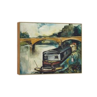 Imagem de BMZFYBS Pôster e impressões de arte famosa de paisagem - decoração de parede em tela barcaças perto da ponte - pintura de moldura de madeira para casa 60 x 75 cm 24 x 29 pol