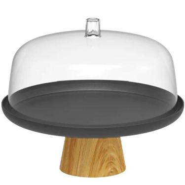 Imagem de Boleira Cúpula Plástica 25cm com Pé Bambu Lume Preto Prato para Bolo D