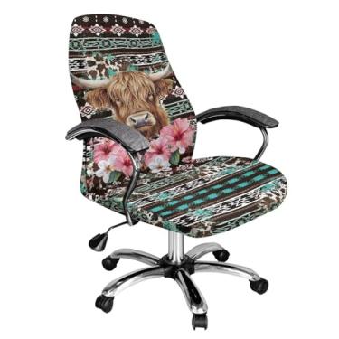 Imagem de Wanyint Capa de cadeira asteca de hibisco de vaca Highland antiderrapante, protetora, giratória, para cadeira de escritório, com fundo elástico, G