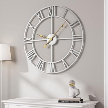 Imagem de Relógio de parede grande, 50 cm, prata decorativo, moderno relógio de parede redondo, números romanos, relógios de parede operados por bateria para sala de estar, quarto, cozinha, escritório
