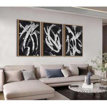 Imagem de Shoci Arte de parede abstrata neutra emoldurada grande moderna grafite branco preto arte em tela boia natural emoldurada contemporânea minimalista, decoração para sala de estar, quarto, escritório, 40