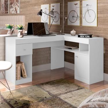 Imagem de Mesa para Escritório Noma Home Tampo em L Porta e Gaveta MDP Branco G11 - Gran Belo