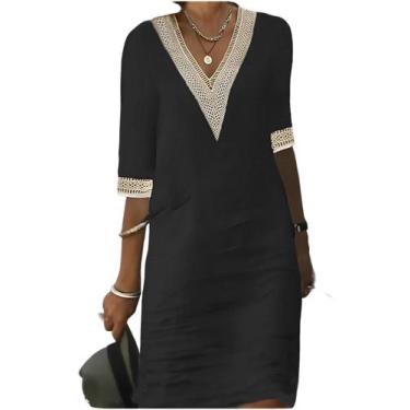 Imagem de Vestido feminino casual IVERIRMIN com decote em V, algodão e linho com