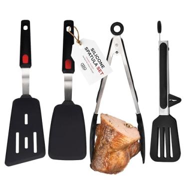 Imagem de Conjunto de utensílios de cozinha de silicone (2 espátulas de silicone + 2 pinças de plástico) - Espátulas de cozinha resistentes ao calor para uso na cozinha - Conjunto de utensílios de cozinha