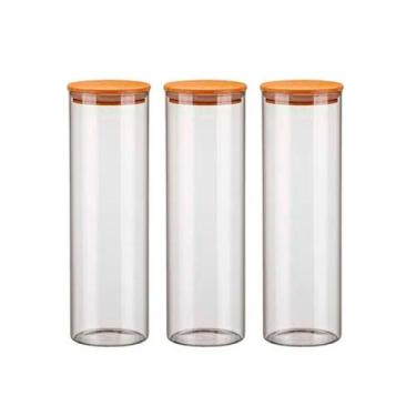 Imagem de Kit 3 Potes Vidro Hermético 2000Ml Tampa Madeira Bambu Porta - Livon