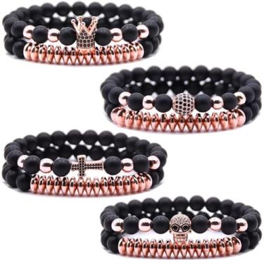 Imagem de HYHONEY Pulseira de contas micro pavê de zircão coroa rei 8 mm para homens e mulheres pulseira de casal preto natural fosco ônix contas de hematita elástico ajustável, One Size, Pedra, Zircônia