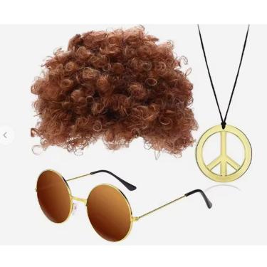 Imagem de Peruca Hippie Afro Retrô colar e óculos festa anos 50 60 70