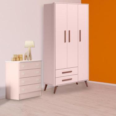 Imagem de Quarto Infantil Guarda Roupa Retro 3P 2G e Cômoda 4G Rosa - Qmovi