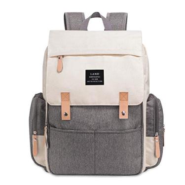 Imagem de THE LAND Bolsa Mochila Maternidade, Original, Modelo Luxury, Marca d’água LANDUO, Até 7kg, 16 Bolsos Funcionais, Trocador, Ganchinhos, Impermeável, Térmica, Oxford 600D,. (Cinza com Bege)