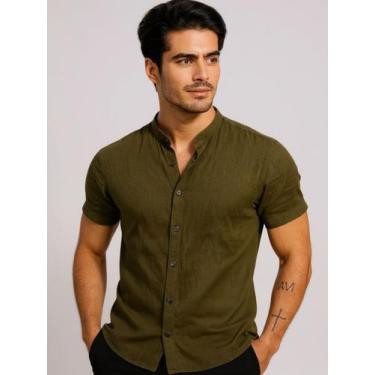 Imagem de Camisa Social Masculina com Gola Padre Manga Curta - Volgue, Verde mil