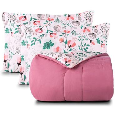 Imagem de Kit Edredom Cobertor Celi Queen Dupla Face Micropercal Estampado 200 Fios 3 Peças Bothanica Floral Rosa