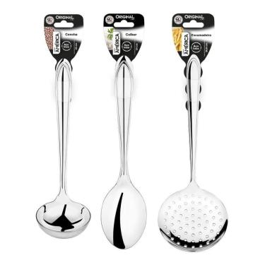 Imagem de Kit Concha Escumadeira Colher De Arroz Inox Para Cozinha