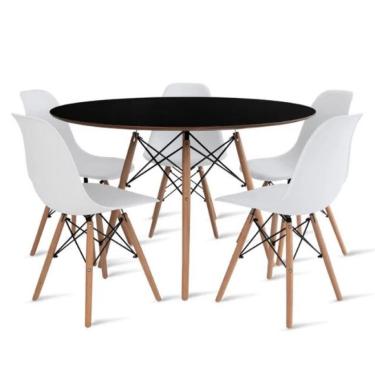 Imagem de Conjunto de Mesa de Jantar Eames Eiffel Redonda 120cm Tampo de Madeira Preto com 5 Cadeiras Brancas