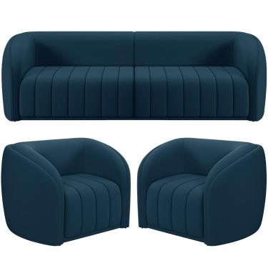 Imagem de Kit Sofá 04 Lugares Para Sala de Estar 292 cm Com 02 Poltronas Lazio M03 Veludo Azul - Lyam Decor