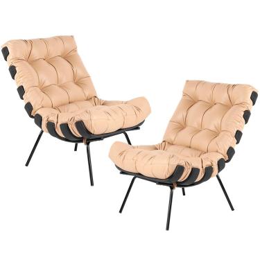 Imagem de Kit 02 Poltronas Decorativas Sala de Estar Costela Preto L04 Couro Bege - Lyam Decor