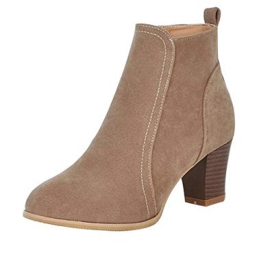 Imagem de Bigfanshu Botas femininas de cano curto 2020 fashion camurça couro botas de salto alto sapatos femininos tornozelo, Bronzeado, 35 BR