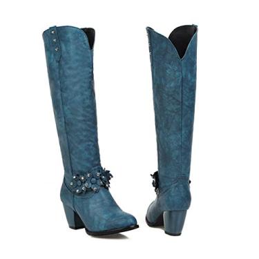 Imagem de Bigfanshu Botas femininas até o joelho outono e inverno grossas com salto alto tamanho grande flores de altura, Azul, 47 M EU