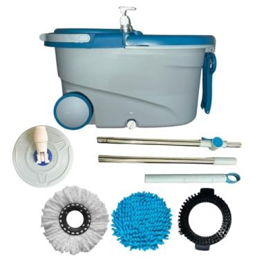 Imagem de Mop Giratório 15 Litros Cabo Aço Inox Com Rodas Sistema de Limpeza Profissional Para Qualquer Tipo de Piso Centrífuga 360 com Cesto (Azul)