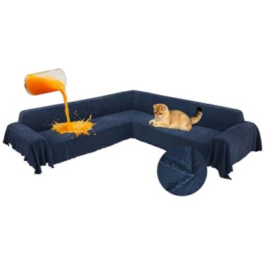 Imagem de ROFASVCO 1OO% capas de sofá seccionais de canto à prova d'água em formato de L com borla, macia, grossa, lavável, protetor de móveis para cães e animais de estimação (231 cm x 701 cm, azul marinho)
