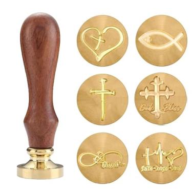 Imagem de Kit de carimbo de cera cristã com 6 cabeças de latão (25 mm) + alça e caixa de presente – Cruz, Jesus Peixe, Faith Hope Love – Símbolos religiosos para envelopes, cartas, diário bíblico
