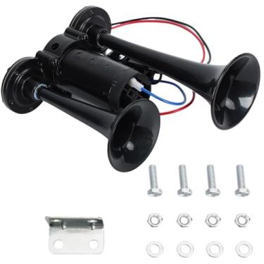 Imagem de Unifizz Kit de buzinas elétricas duplas super altas 600DB para caminhão, trem, buzina de ar de 12 V, buzina de carro super alta com compressor, aplicável para carros, SUVs, caminhões, barcos (preto)