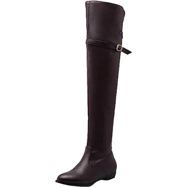 Imagem de Botas femininas de neve com fivela e bico redondo, couro PU, acima do joelho, botas longas de salto baixo para uso ao ar livre, Marrom, 35 BR