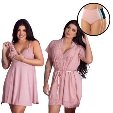 Imagem de Kit Maternidade Camisola Amamentação Robe Roupão 3 Calcinhas Pós Parto