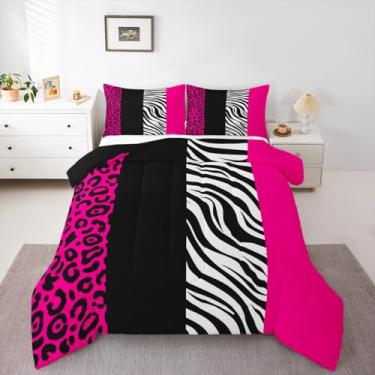 Imagem de Feelyou Conjunto de edredom queen de leopardo rosado, preto e branco, zebra, para crianças, meninos, meninas, estampa animal, edredom de guepardo, decoração de quarto de microfibra, 3 peças com 2