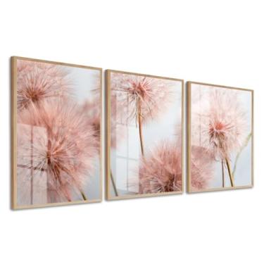 Imagem de Kit 3 Quadros Decorativos Flores Dente De Leão Rosa Sala Quarto Floral Moldura e Vidro