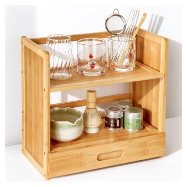 Imagem de AIEVE Organizador de estação Matcha, prateleira de bambu de 2 camadas com gaveta oculta, organizador de caneca para estação de café, conjunto de batedores Matcha, tigela e peneira