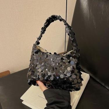 Imagem de Bolsa tiracolo de lantejoulas nas axilas – Bolsa de ombro brilhante moderna para mulheres com fecho de zíper, Preto, Bolsa de ombro