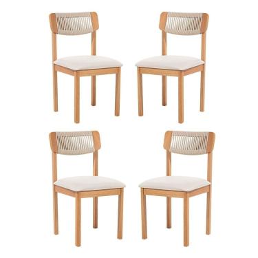 Imagem de Kit 4 Cadeiras com Encosto Corda Assento Estofado Florença Areia/Cru/Verniz Mel