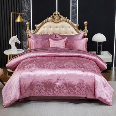 Imagem de Jogo de cama queen de jacquard elegante, de cetim, rosa, 8 peças, vintage, neoclássico, floral, decoração de casa, edredom macio, cama sedosa de hotel de luxo em uma bolsa com 1 capa de almofada