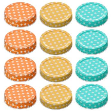 Imagem de 12 tampas de pote de pedreiro, tampas de placa de boca regular de 70 mm/2,76" à prova de vazamento para potes de conserva material de folha de flandres premium excelente vedação (3 cores)